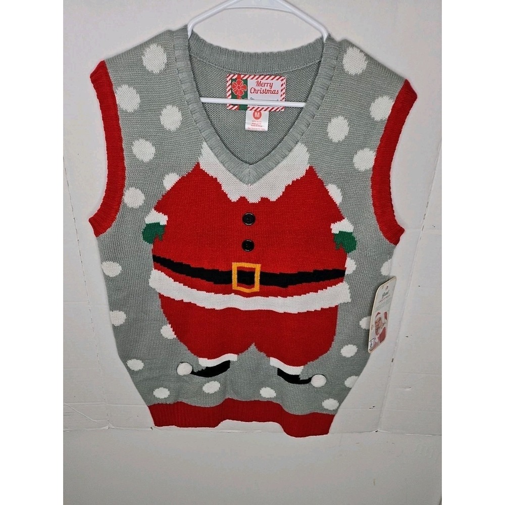 Christmas Sweater Vest Adult's‎ Medium Red Gray Pullover V-Neck Santa Claus Ugly